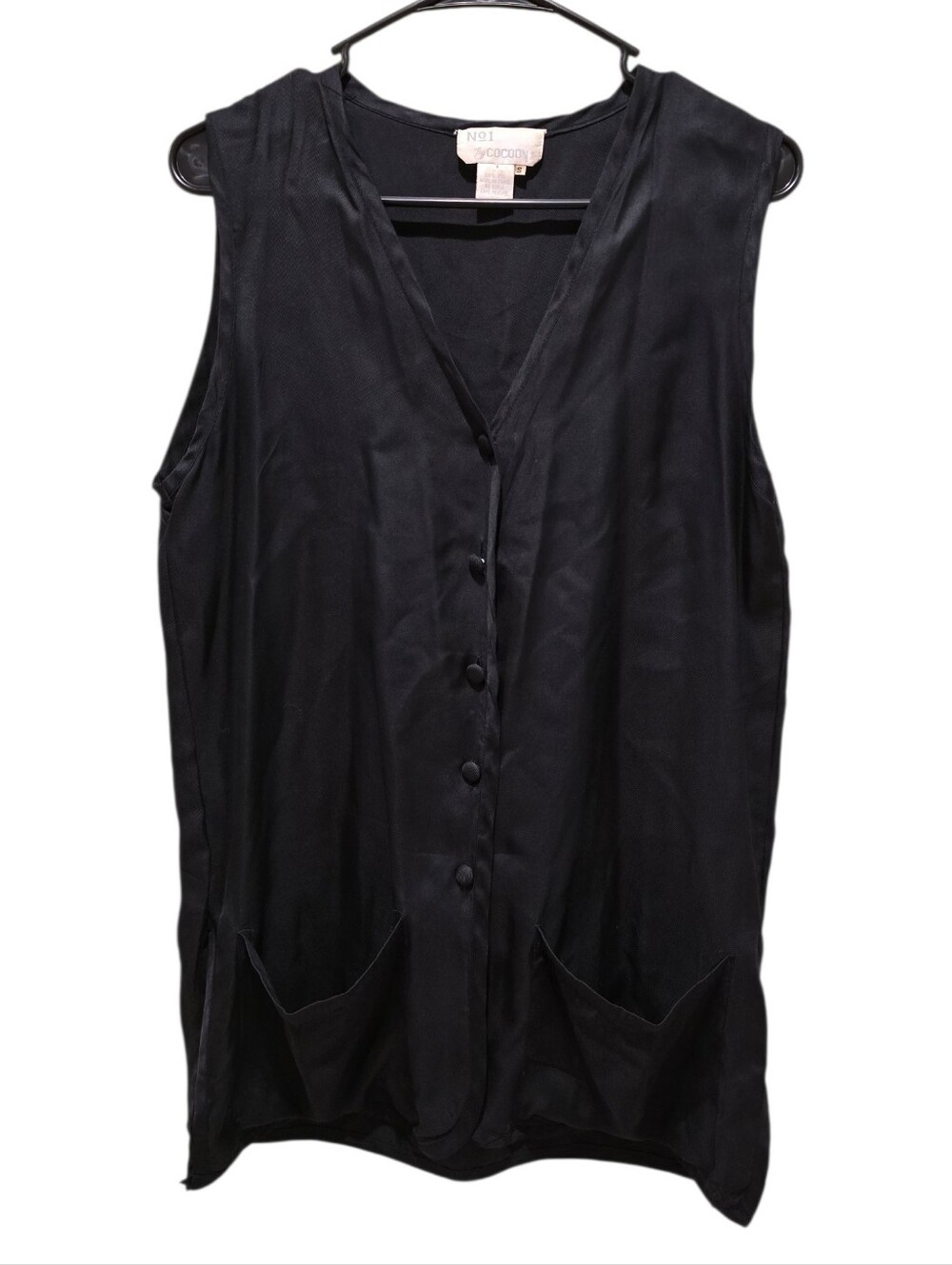 Vintage 100% Silk Black Sleeveless Button-Front V-Neck Top With Pockets